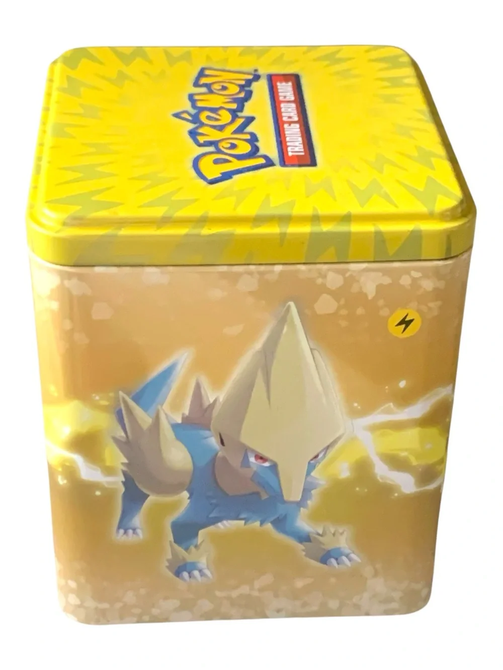 Pokémon Electivire Stacking Tin with Assorted Yellow-Edged Trading Cards & coin.